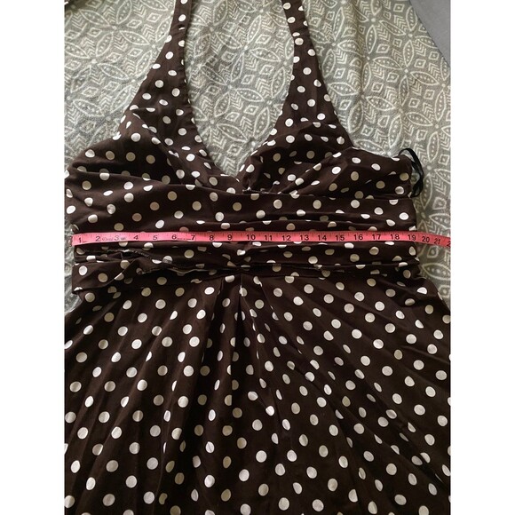 Vtg KSL Stretchy Dress Size 20 Brown White Polka Dot Pin Up Retro Halter Midi - Picture 11 of 12